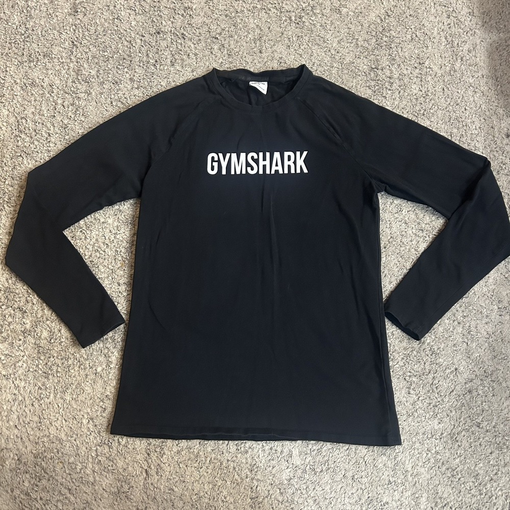 Gymshark Shirt Mens medium Black Long Sleeve Athletic Training Logo Tee Gym